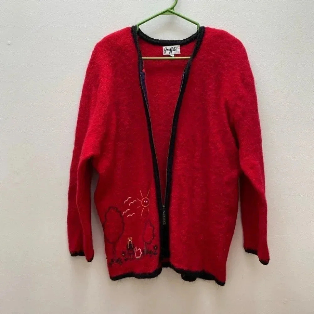 Vintage - Red Boiled Wool Shacket Cardigan with Embroidered Landscape